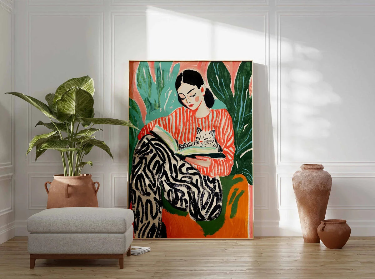 tableau illustration femme chat abstraite moderne orange vert noir blanc