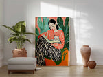 tableau illustration femme chat abstraite moderne orange vert noir blanc