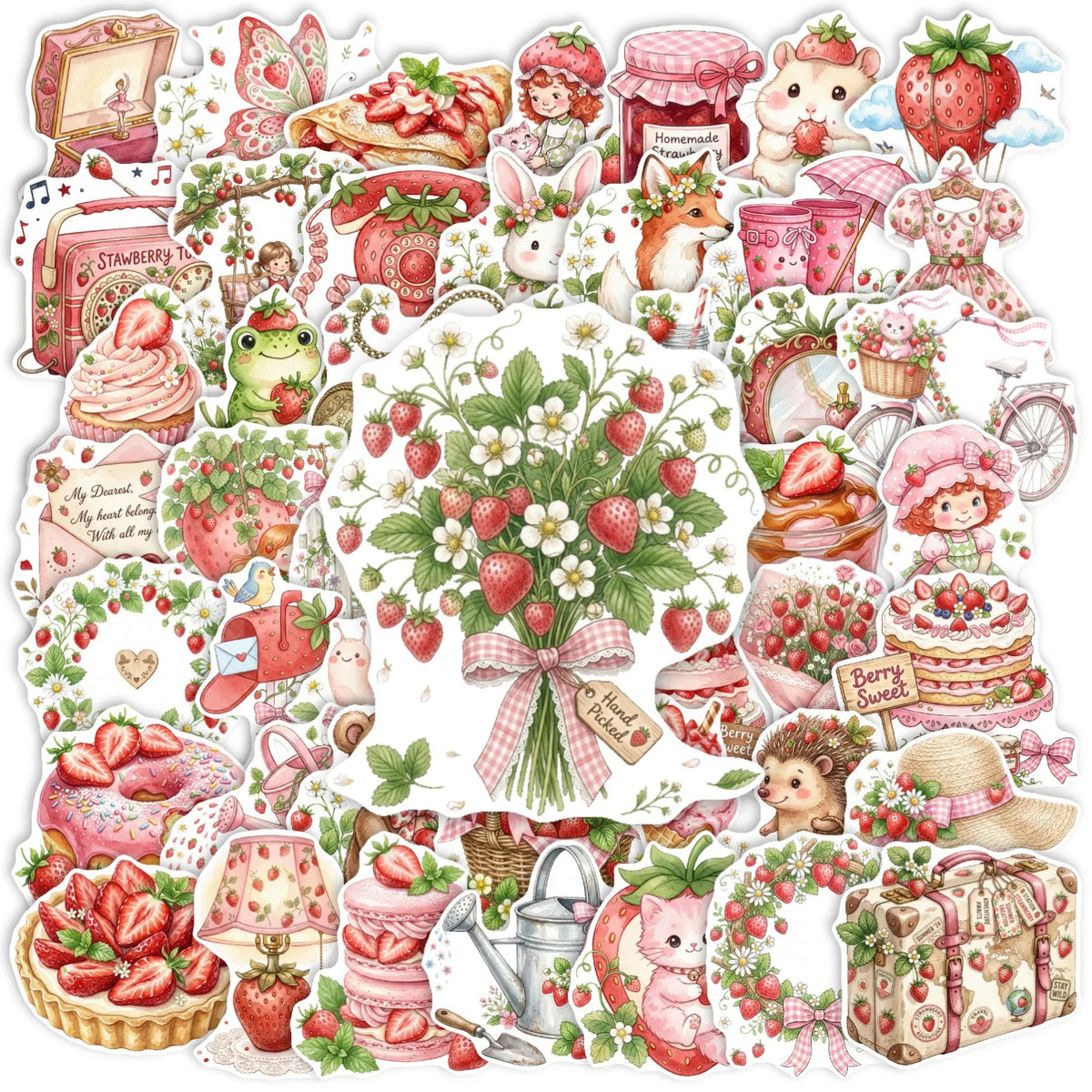 stickers vintage fraises motifs floraux animaux mignons rose blanc vert rouges adhésifs doux mignons