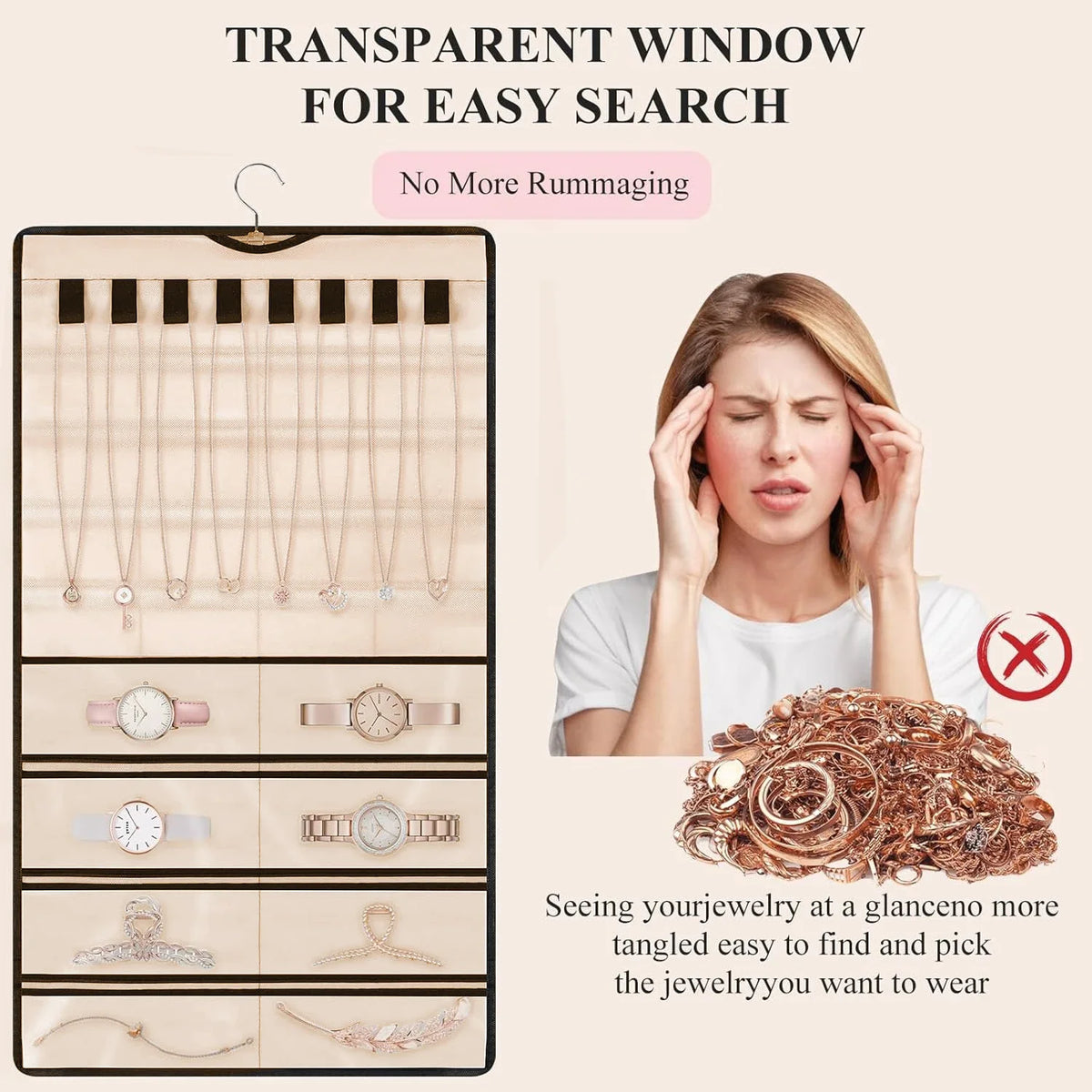 porte bijoux suspendu transparent moderne crochets grilles bagues boucles d'oreilles colliers montres cheveux beige