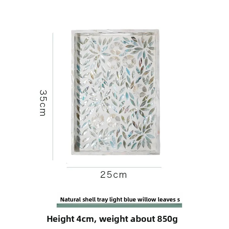 plateau moderne décoratif poignées couleur bleu clair vert beige feuilles saule mosaïque transparent opacité