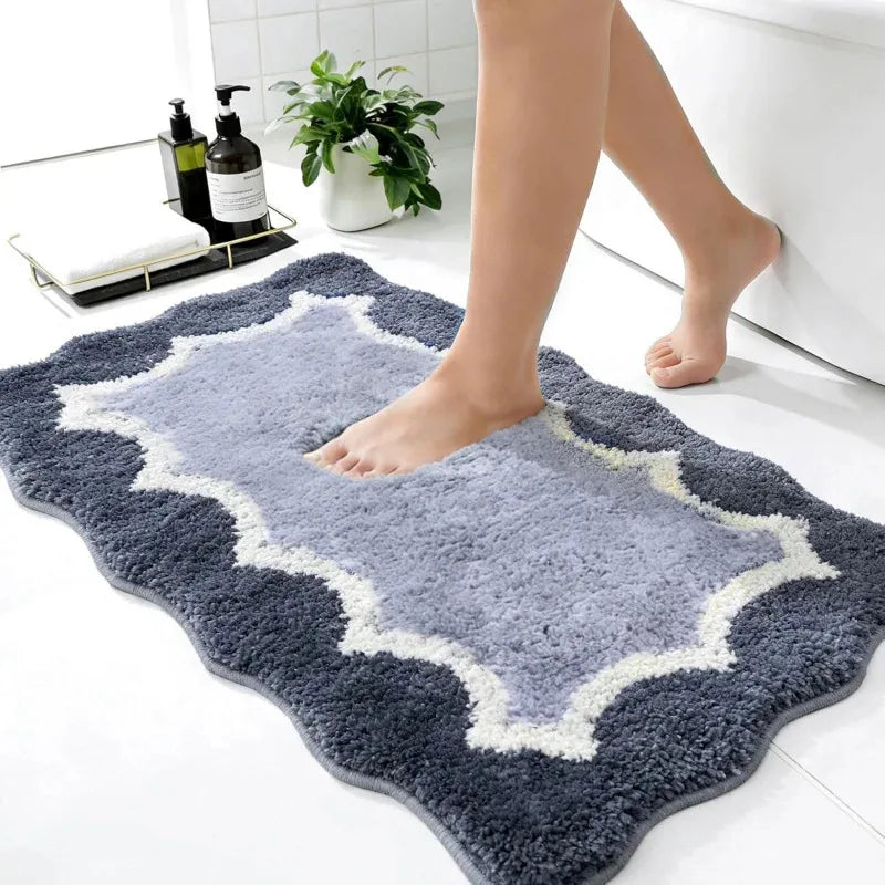 tapis bain moderne motif géométrique bordure dentelée doux antidérapant absorbant salle bain