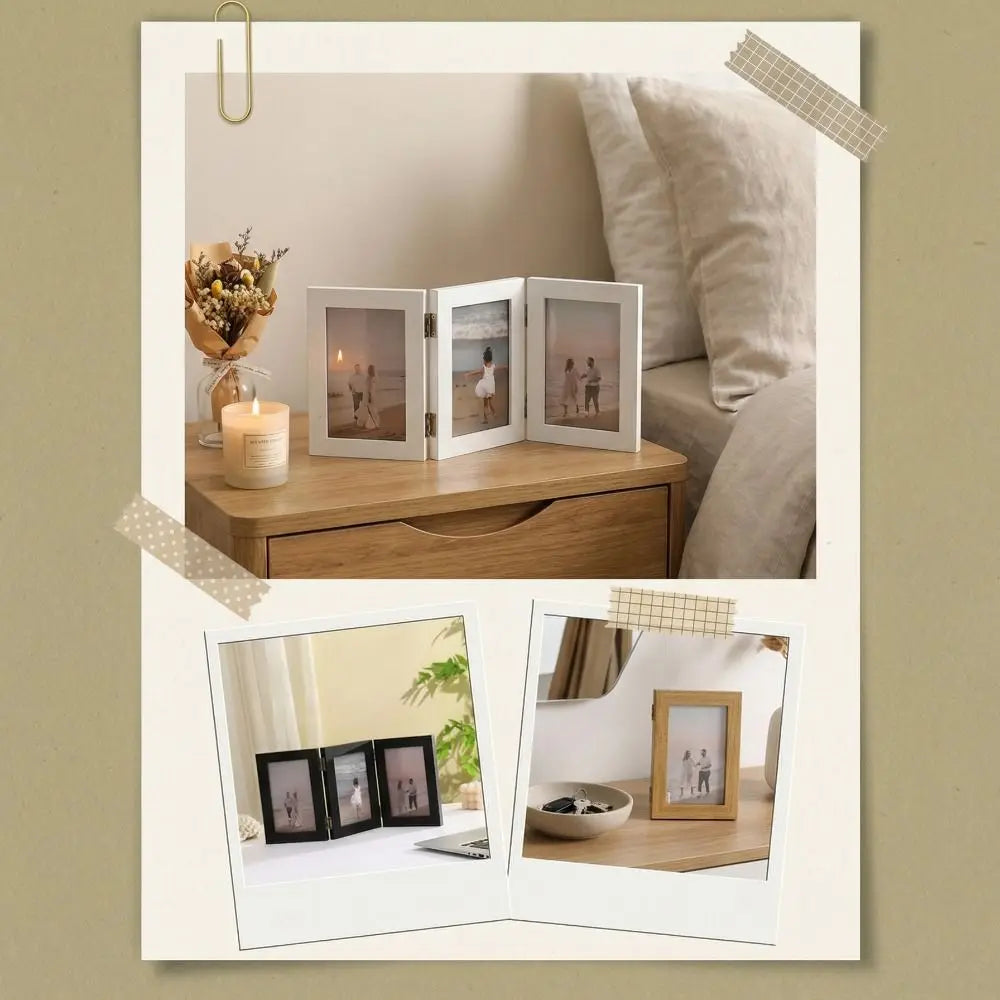 cadre photo triplé bois clair noir minimaliste charnières photos décoratives pouces pouces blanc foncé