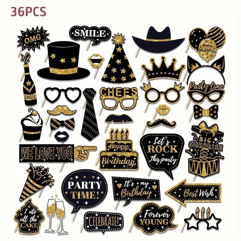accessoires photo fête anniversaire chapeaux lunettes masques pancartes étoiles strass doré noir festif
