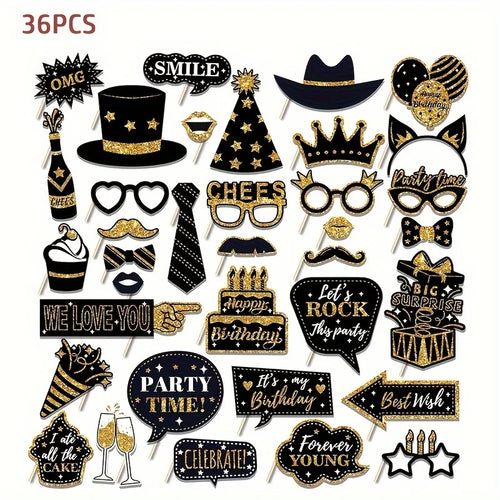 accessoires photo fête anniversaire chapeaux lunettes masques pancartes étoiles strass doré noir festif