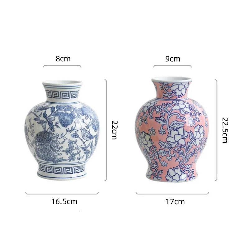 vase porcelaine chinois blanc bleu fleurs feuilles oiseaux géométrique classique floral table decoration
