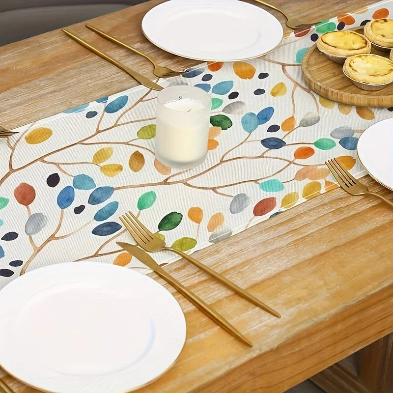 chemin table moderne feuilles colorées automne beige clair vert bleu orange marron gris texture