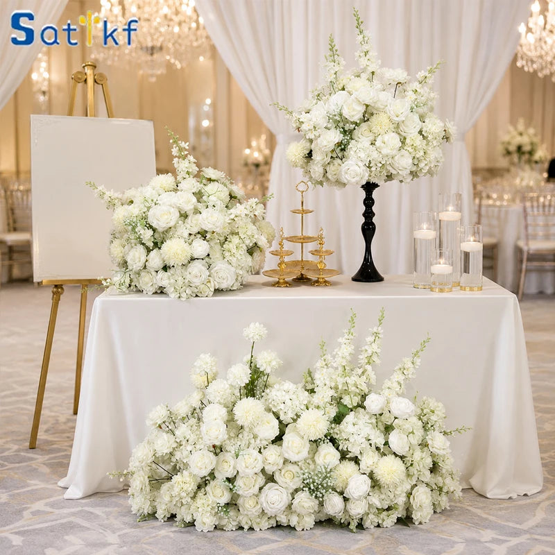 décoration florale artificielle blanc roses hydrangeas classique extérieur mariage anniversaire baby shower