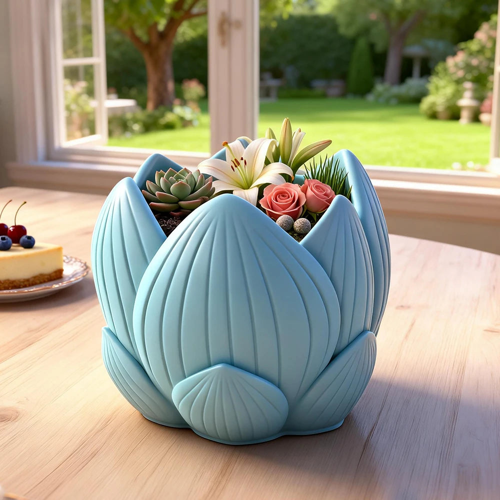 cache pot silicone bleu clair moderne feuilles stylisées succulentes fleurs artificiellesintérieur décoration plâtre