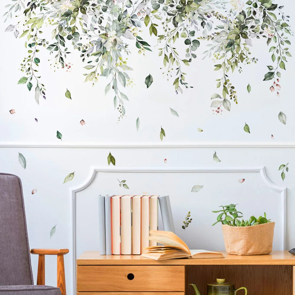 sticker mural adhésif feuilles branches fleurs aquarelle naturel bohème champêtre résistant eau