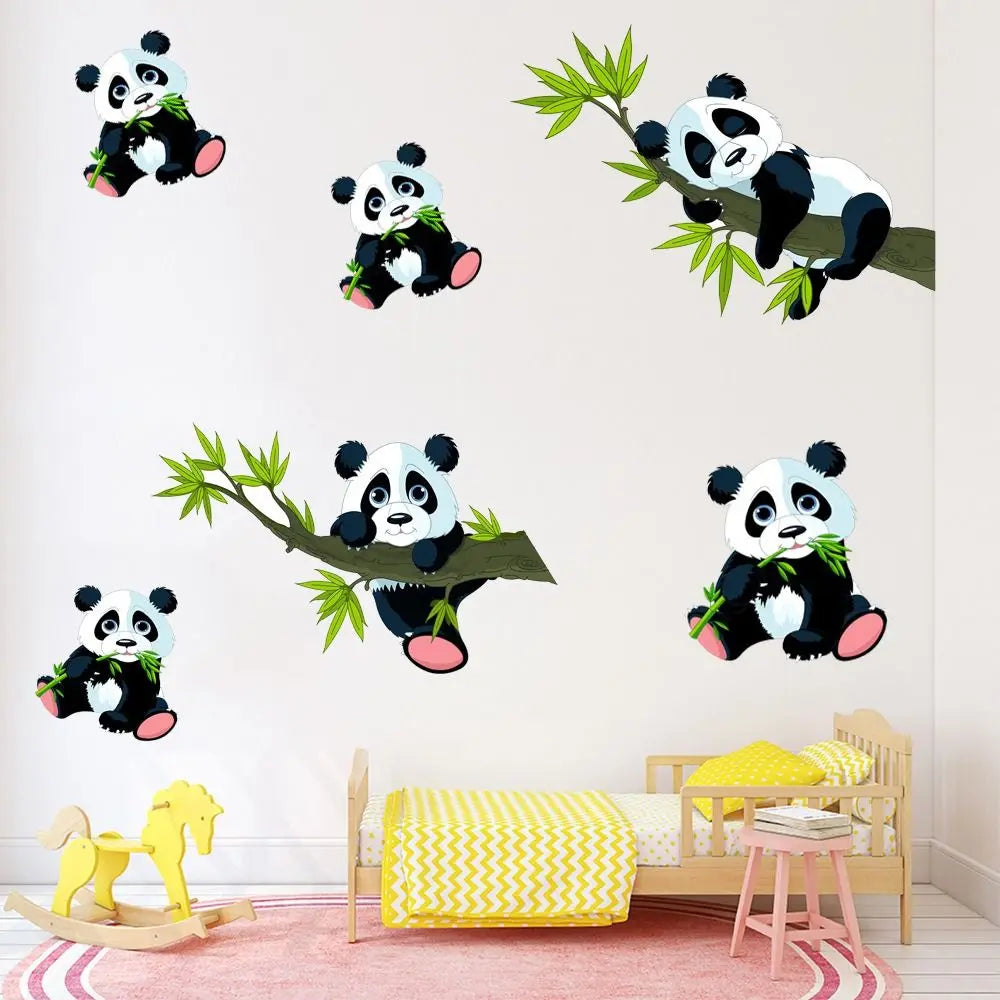sticker mural panda bambou résistant eau dessin animé noir blanc vert rose