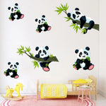 sticker mural panda bambou résistant eau dessin animé noir blanc vert rose