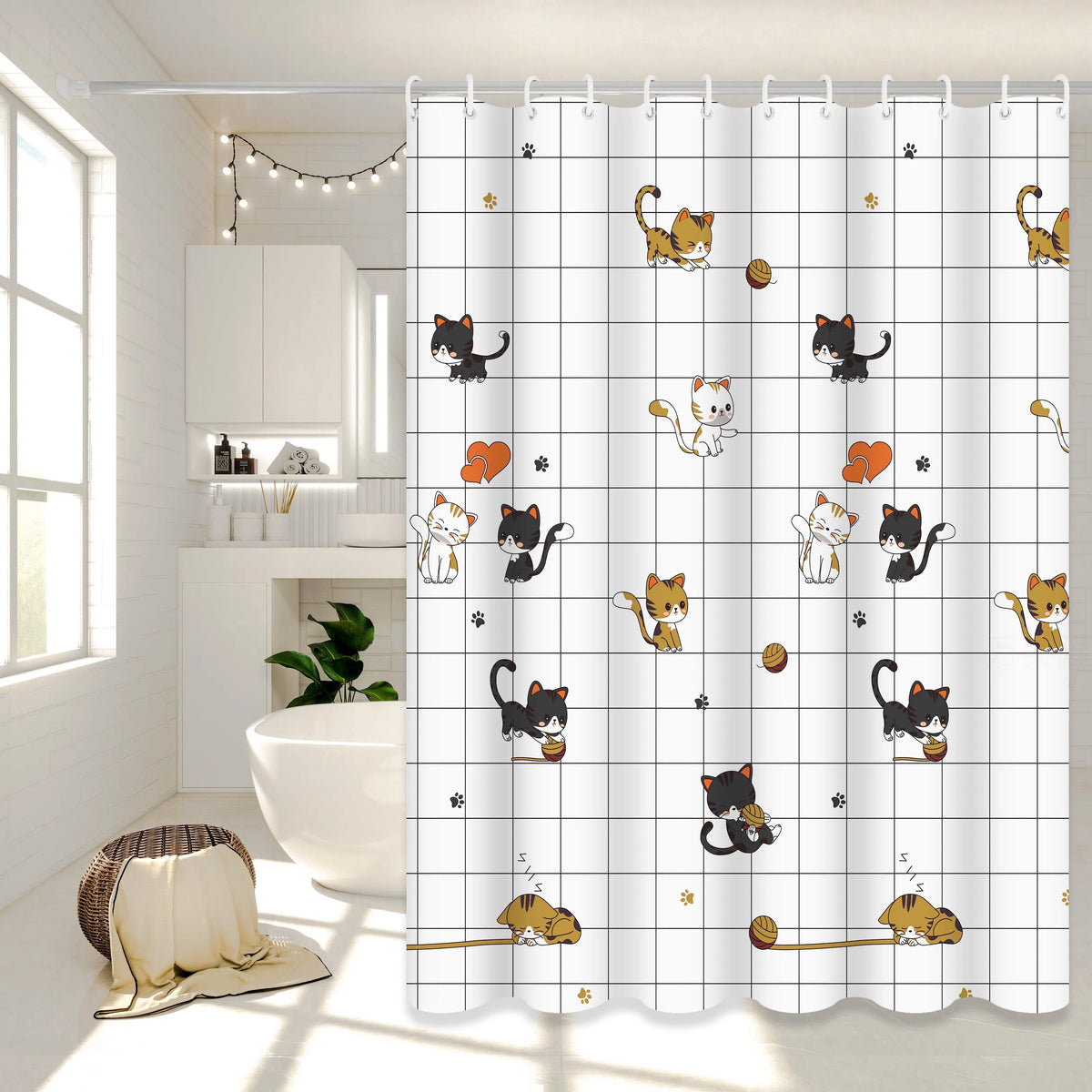 rideau douche moderne chatons peluches opacité blanc noir orange
