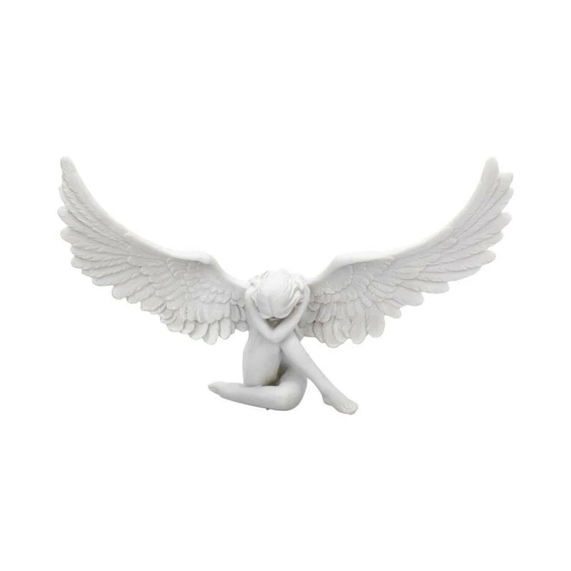 statue ange accroupi ailes plumes finition mate decoration blanche sculptural artistique tristesse