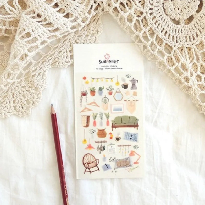 stickers décoratifs multicolores meubles plantes accessoires maison illustratif minimaliste carte postale stylo cahier calendrier