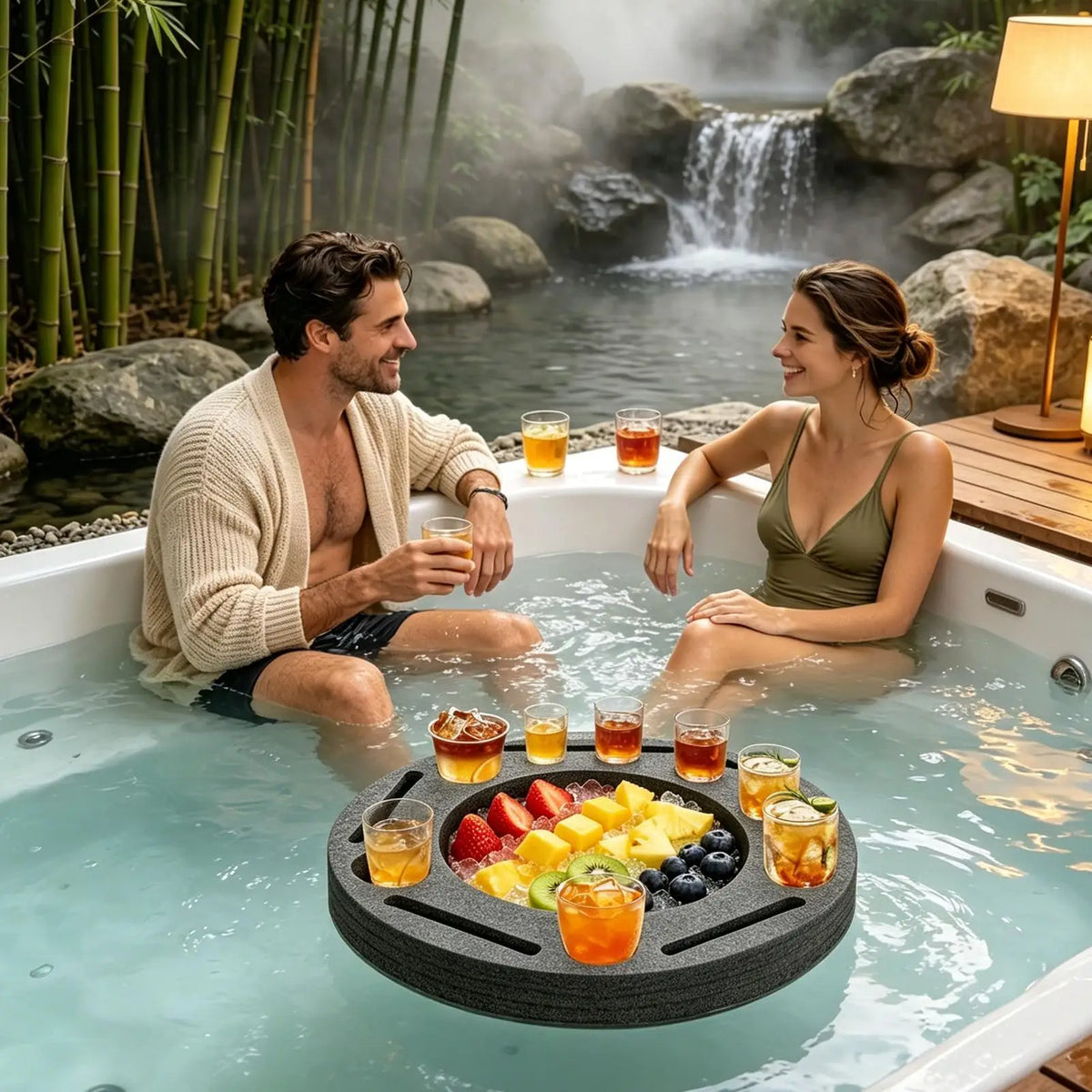 plateau flottant moderne gris foncé tissé trous verres fruit piscine détente