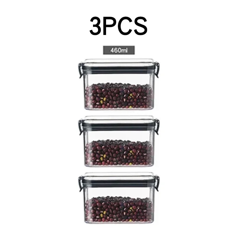 boîtes rangement alimentaire transparentes poignées noires multiple tailles réutilisables modernes pratiques épices pâtes graines