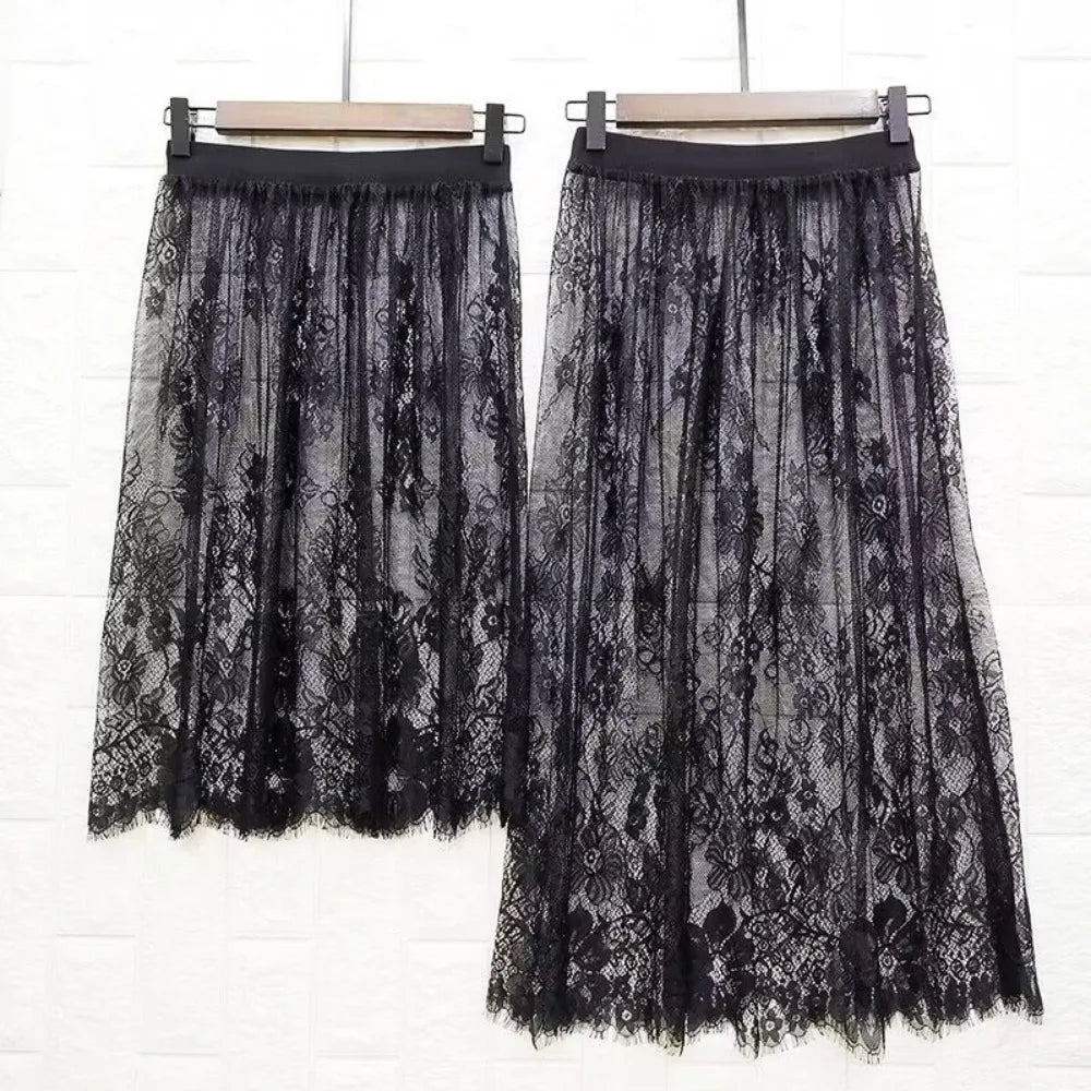 jupe dentelle noire translucide vintage été femme mi mollet droiteSizeMode: taille moyenne non extensible