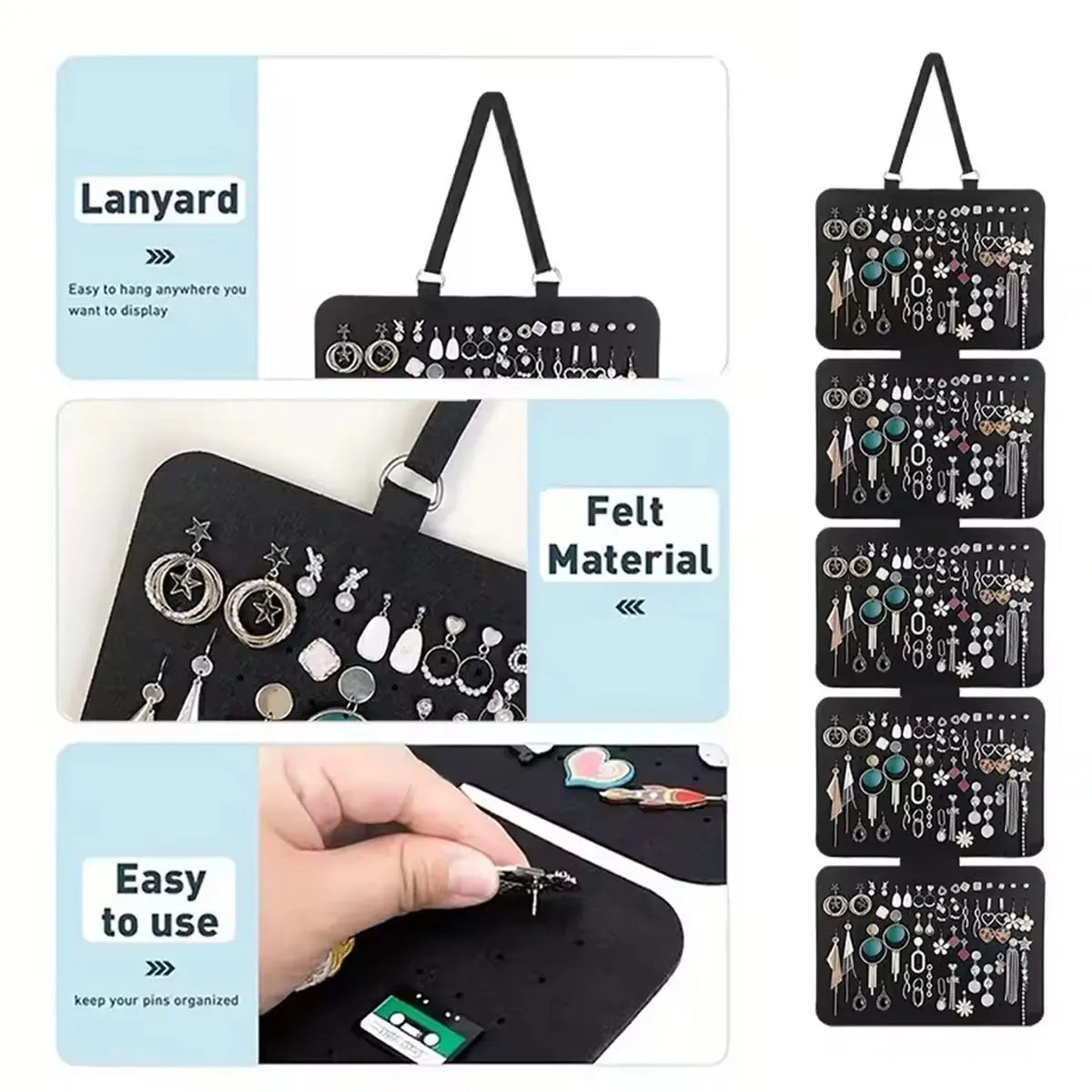 porte bijoux suspendu noir perforé moderne boucles d'oreilles femmes pliable support mural grande capacité