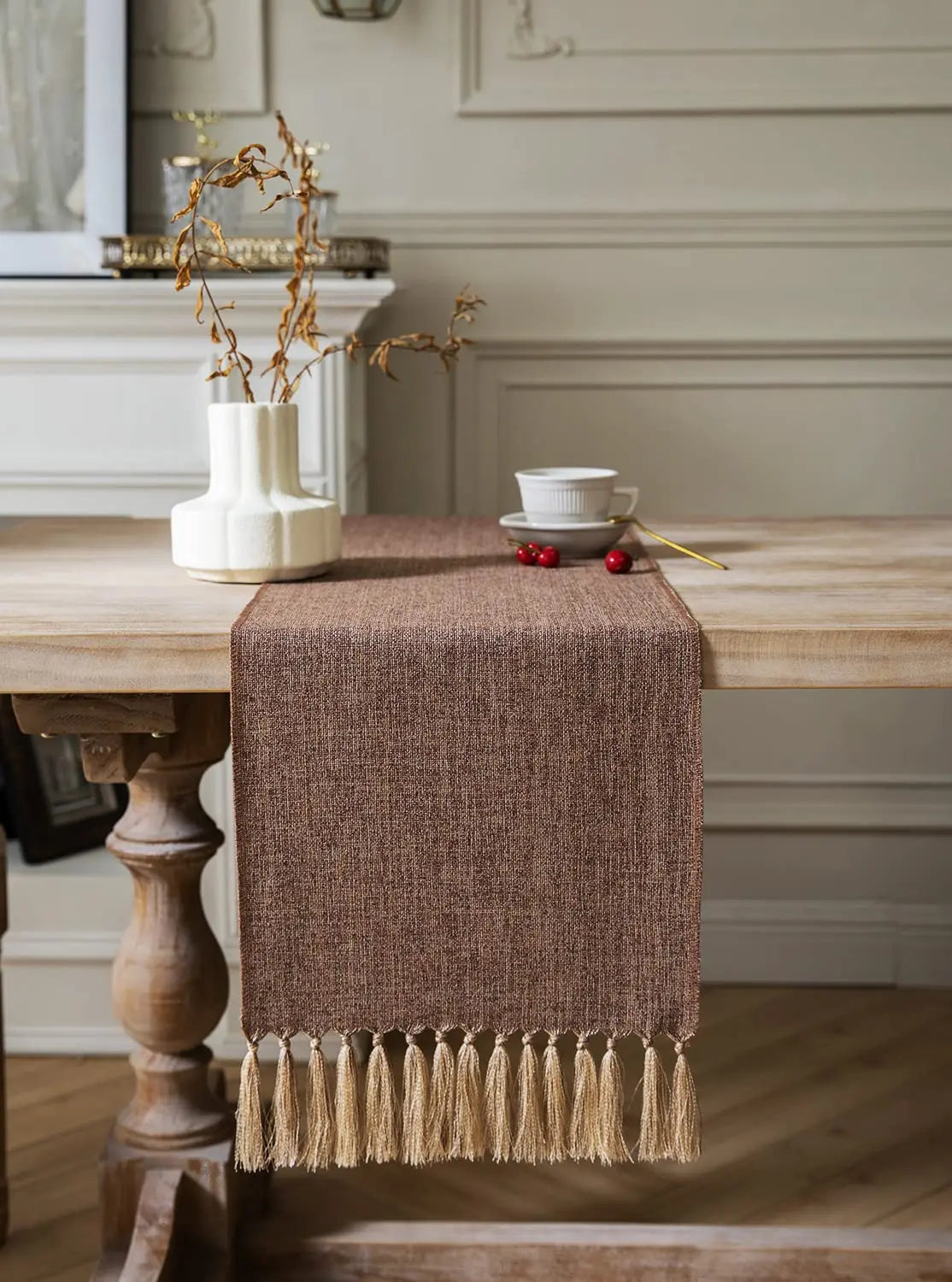 chinois table chemin marron lin texture classique tassel doré