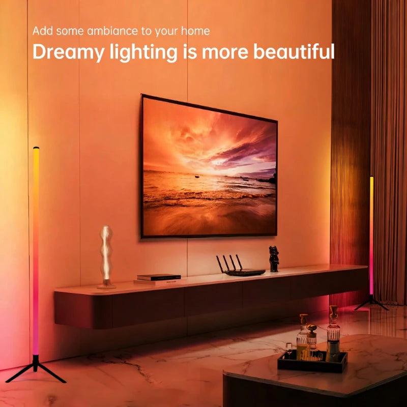 lampe sol led multicolore télécommande application mobile moderne trépied détecteur son flux lumineux rgb