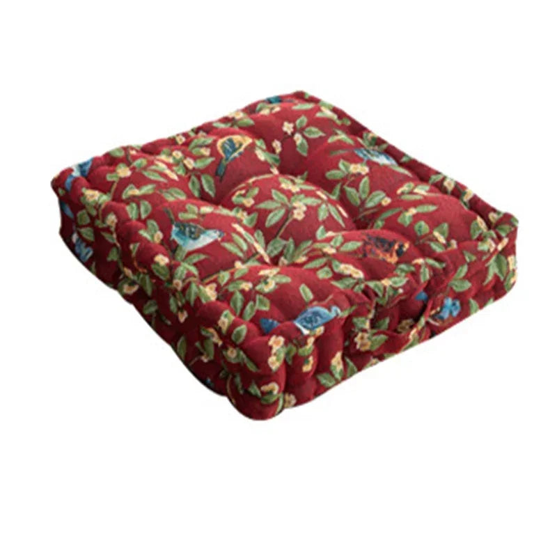 coussin siège carré coton imprimé floral oiseaux rouge vert marron traditionnel