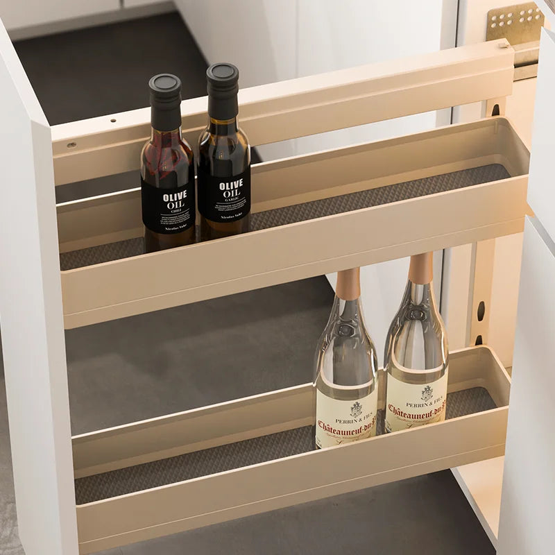 étagère cuisine moderne beige clair compartiments texturés clips métalliques rangement efficace aluminium save space