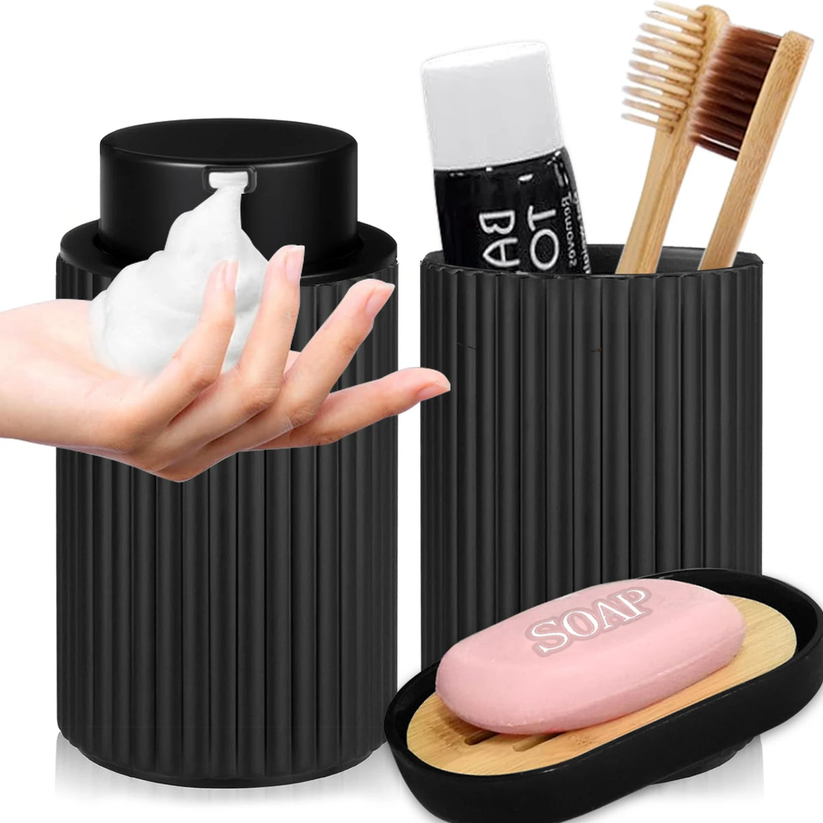 ensemble salle bain noir moderne distributeur savon liquide porte brosse dents plateau savon rayures