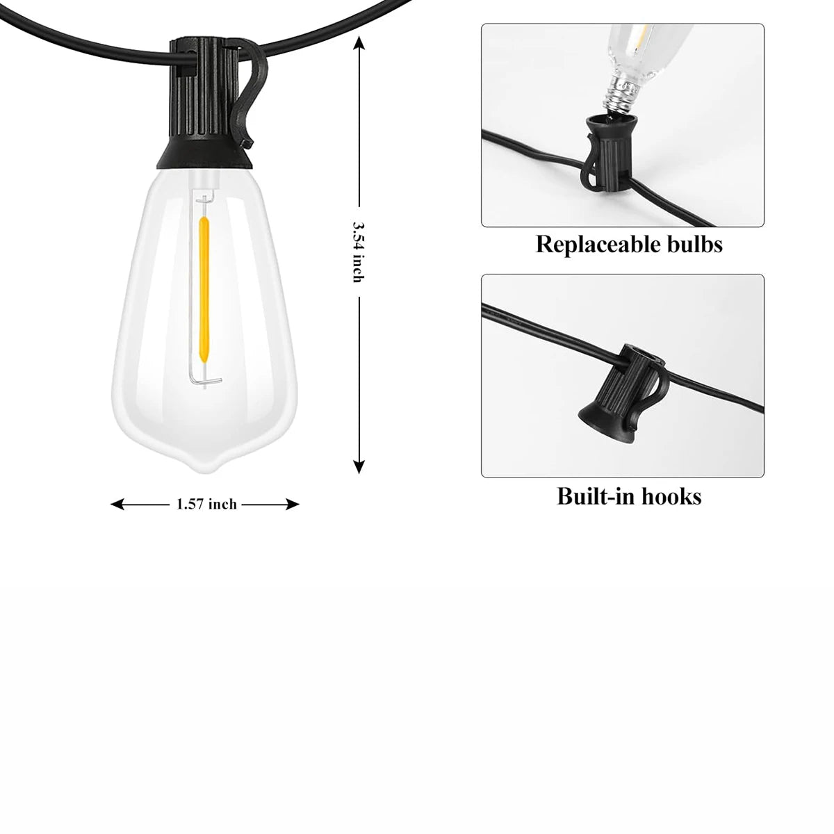 guirlande lumineuse led transparente vintage 15 ampoules 9m clips intégrés blanc noir moderne