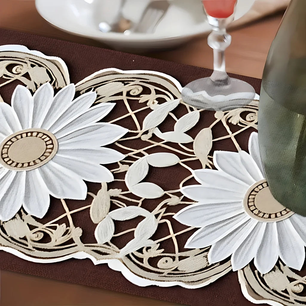 nappe décorative motif tournesols floral marron foncé beige blanc table mariage fête