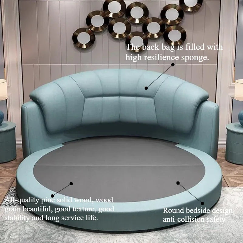 lit rond moderne blanc gris oreillers coussin décoratif tissu simili cuir chambre