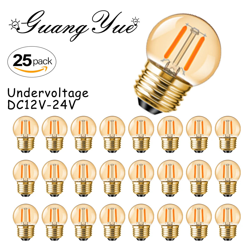 ampoule led dorée jaune chaud transparente e27 vintage 12v 24v 2200k 60lm 25000h