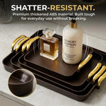 plateau rangement marron bois naturel poignées dorées boîte bijoux pots cosmétiques bouteilles lotions savon