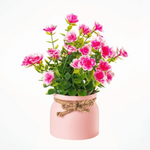 bouquet artificiel fleurs modernes ruban jute accroché extérieur exposition anniversaire orange blanc rose violet