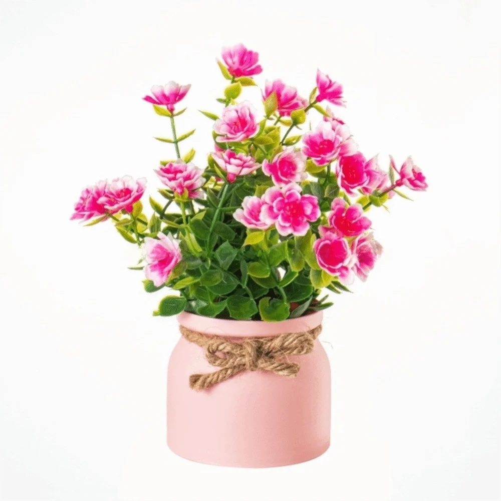 bouquet artificiel fleurs modernes ruban jute accroché extérieur exposition anniversaire orange blanc rose violet