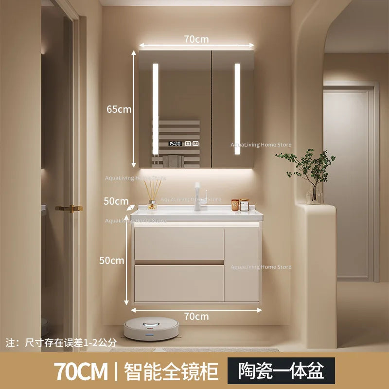 meuble salle bain moderne évier tiroirs beige clair miroir lumineux tapis motifs cosmétiques dorés