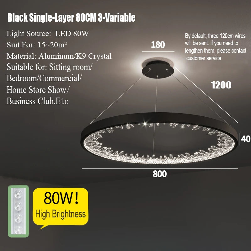suspension lumineuse moderne or noir strass circulaire chambre salon led
