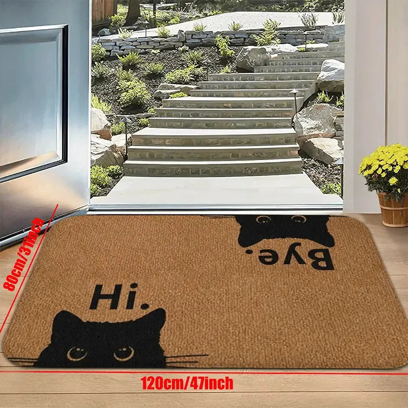 tapis d'entrée moderne marron clair chat noir texte Hi Bye antidérapant polyester machine washable