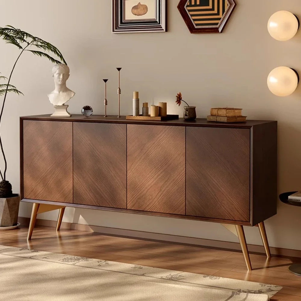 meuble rangement marron rayures diagonales moderne 80cm hauteur pieds bois salon chambre
