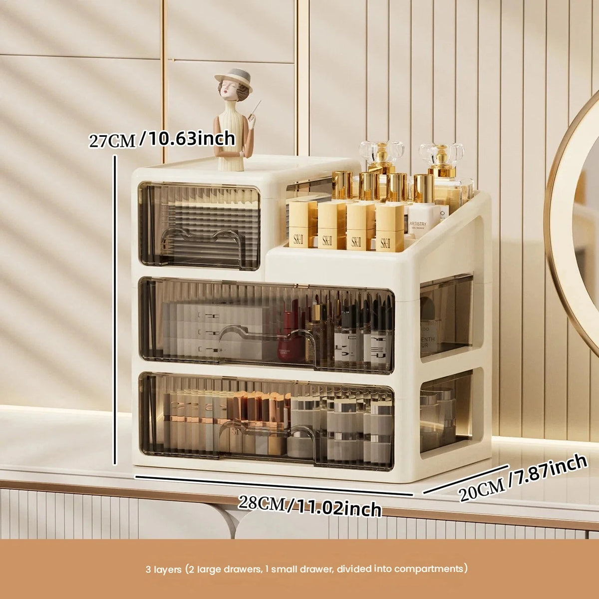 boîte rangement cosmétiques tiroirs compartiments moderne beige clair pliables PP haute qualité étagères bijoux