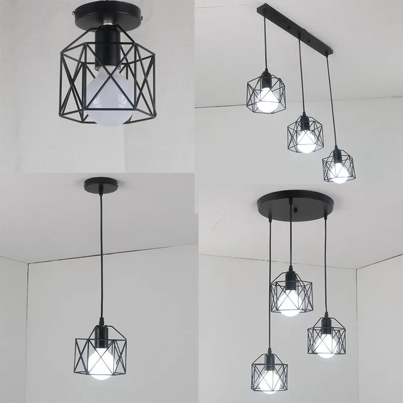 Suspension luminaire couloir fer noir carré diamant