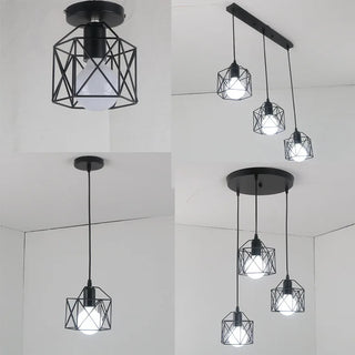 suspension lumineuse industrielle moderne fer noir cage géométrique ampoule edison chambre couloir entrée