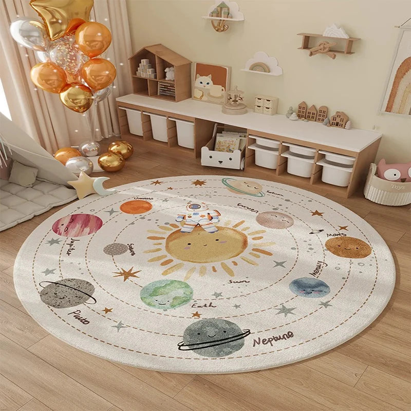 tapis rond enfant motif planètes étoiles décoration chambre bébé couleur bleu beige gris