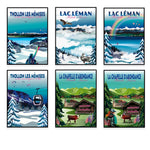 Affiches touristiques colorées illustrant des paysages de montagnes enneigées, de lacs et de villages de Haute-Savoie en France.