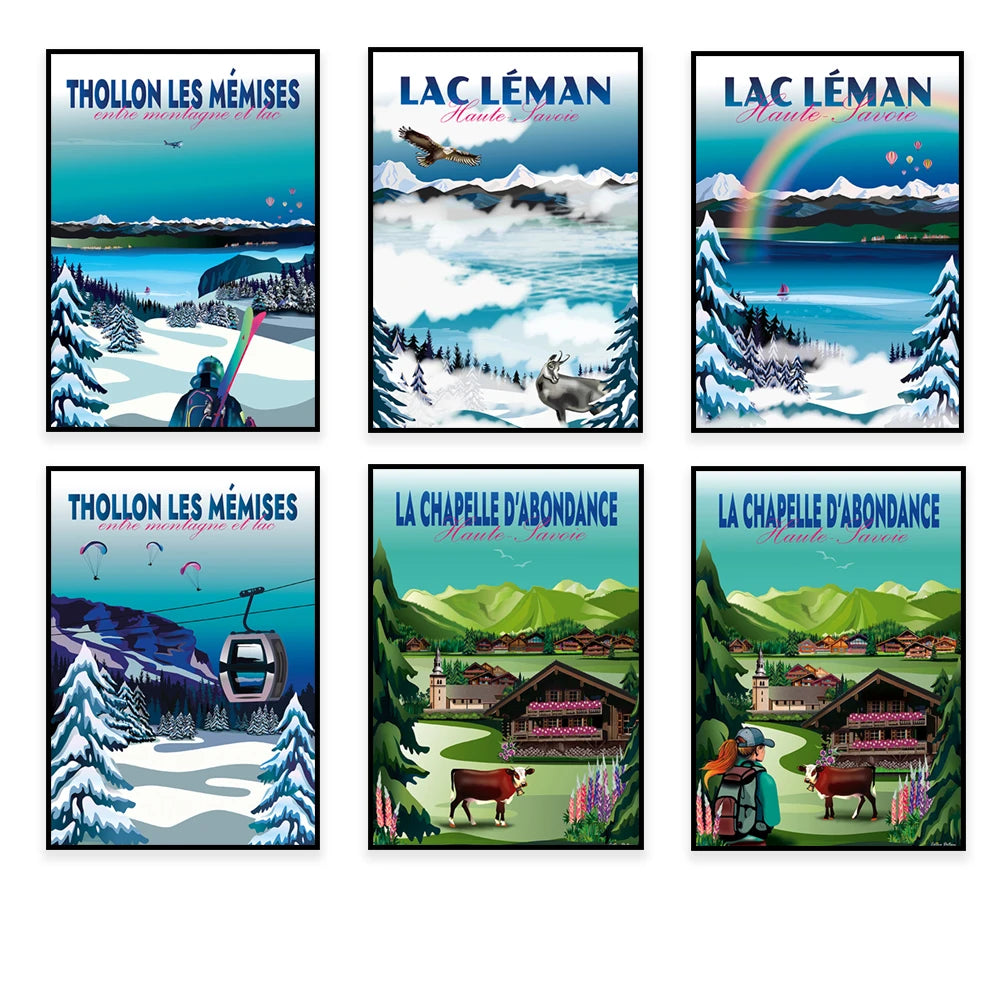 Affiches touristiques colorées illustrant des paysages de montagnes enneigées, de lacs et de villages de Haute-Savoie en France.