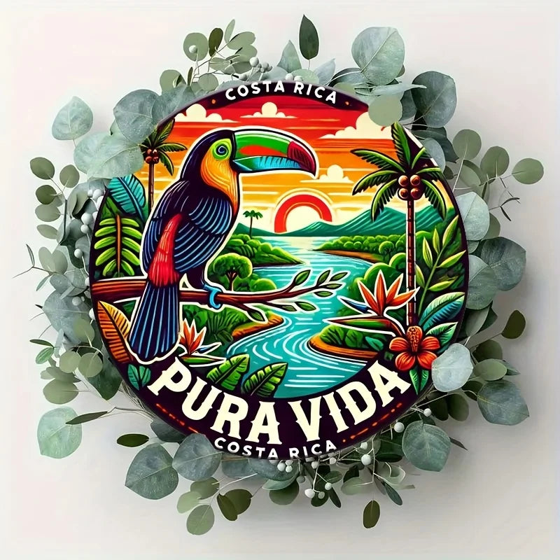 plaque métallique ronde illustration toucan paysage tropical coucher soleil fleurs exotiques multicolore rouge jaune