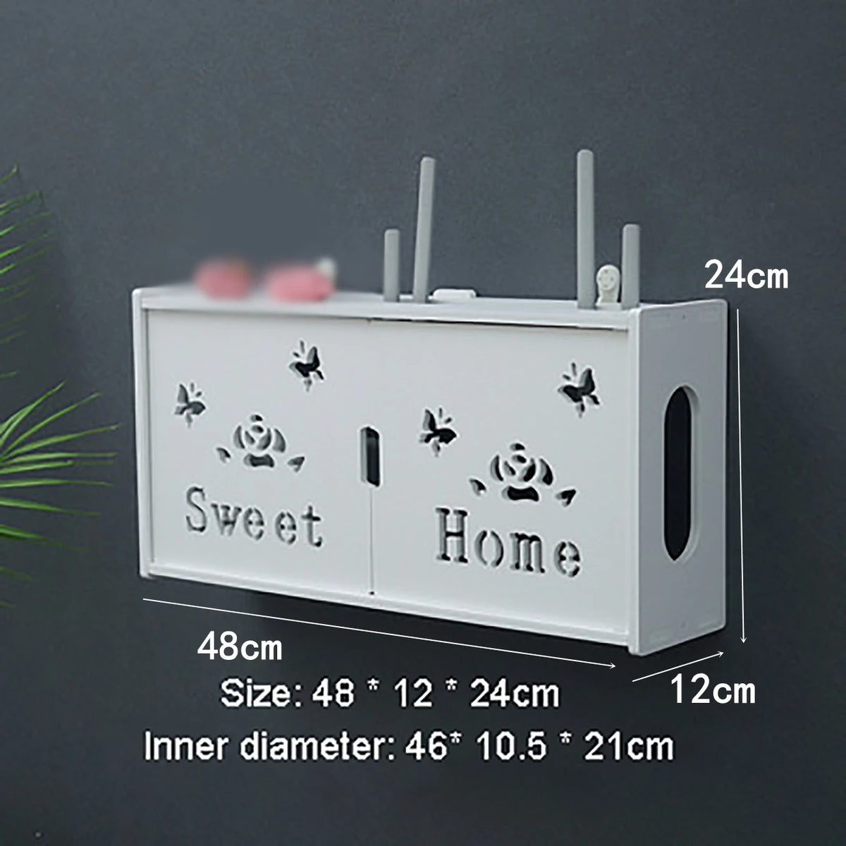 meuble rangement mural blanc bambou prises électriques étagères cable wifi