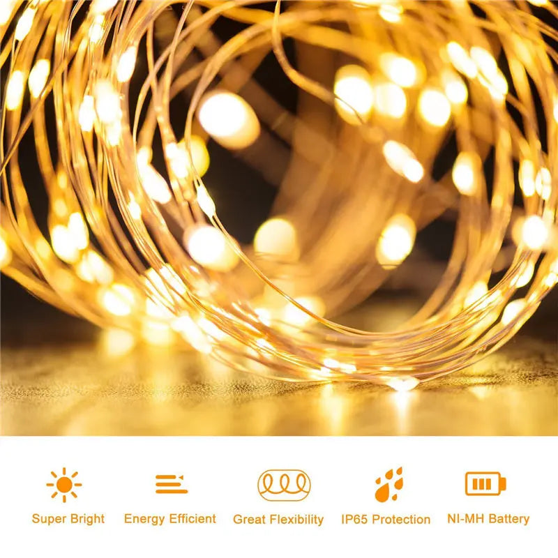 guirlande lumineuse solaire fil cuivre led décoration extérieure jardin nuit Noël fête moderne