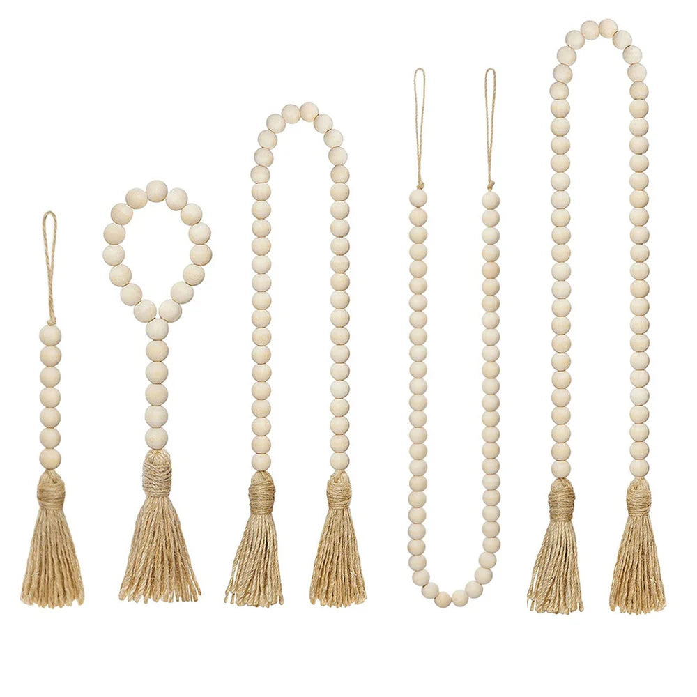 décoration murale boho bois pompons corde rustique ornement blanc naturel
