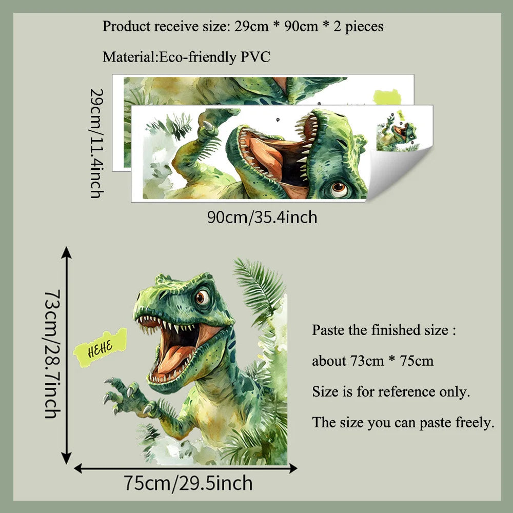 autocollant mural dinosaure dessin animé feuilles vert jaune blanc chambre enfants décoration maison adhesive